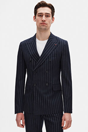 Ds Damat Regular Fit Lacivert Çizgili Kruvaze Takim Elbise