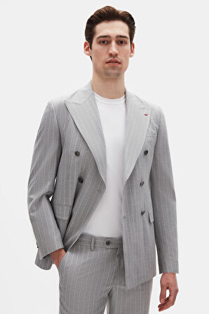 Ds Damat Regular Fit Gri Çizgili Kruvaze Takim Elbise