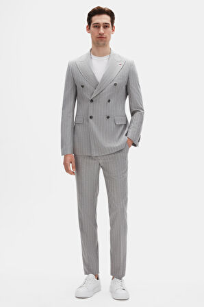 Ds Damat Regular Fit Gri Çizgili Kruvaze Takim Elbise
