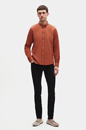 Ds Damat Slim Fit Tarçın Oxford Düğmeli Yaka Kolay Ütülenebilir Nakış Detaylı Pamuklu Gömlek