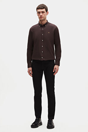 Ds Damat Slim Fit Acı Kahve Oxford Düğmeli Yaka Kolay Ütülenebilir Nakış Detaylı Pamuklu Gömlek