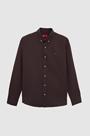Ds Damat Slim Fit Acı Kahve Oxford Düğmeli Yaka Kolay Ütülenebilir Nakış Detaylı Pamuklu Gömlek