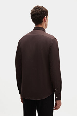 Ds Damat Slim Fit Acı Kahve Oxford Düğmeli Yaka Kolay Ütülenebilir Nakış Detaylı Pamuklu Gömlek