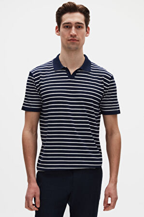 Ds Damat Slim Fit Lacivert Rayon Polo Yaka Fermuarlı Triko T-Shirt 4HF06ORT10005
