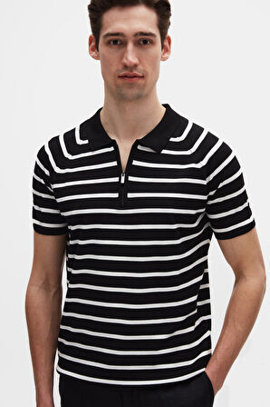 Ds Damat Slim Fit Siyah Rayon Polo Yaka Fermuarlı Triko T-Shirt 4HF06ORT10002