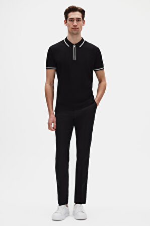 Ds Damat Slim Fit Siyah Rayon Polo Yaka Fermuarlı Triko T-Shirt