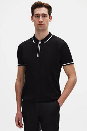 Ds Damat Slim Fit Siyah Rayon Polo Yaka Fermuarlı Triko T-Shirt
