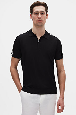 Ds Damat Slim Fit Siyah Rayon Polo Yaka Fermuarlı Triko T-Shirt 4HF06ORT10006