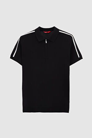 Ds Damat Slim Fit Siyah Rayon Polo Yaka Fermuarlı Triko T-Shirt 4HF06ORT10006