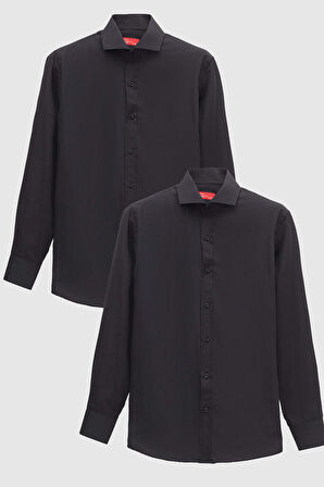D'S Damat Ds Damat Slim Fit Siyah Italyan Yaka Dar Kesim Klasik Kravatlık  Uzun Kollu Kolay Ütülenebilir Nefes Alan 2'li Gömlek 2HF02ORTBN86