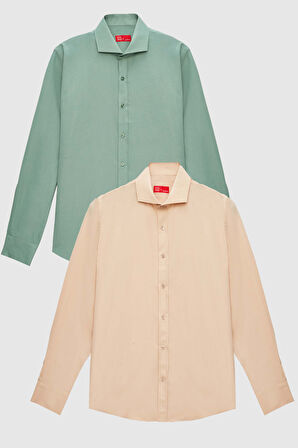 Ds Damat Slim Fit Yeşil İtalyan Yaka Dar Kesim Klasik Kravatlık  Uzun Kollu Kolay Ütülenebilir Nefes Alan 2'Li Gömlek