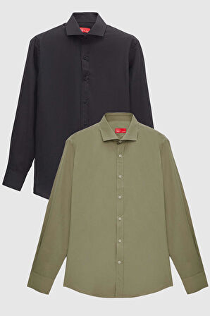 Ds Damat Slim Fit Siyah/Haki İtalyan Yaka Kolay Ütülenebilir 2'Li Gömlek