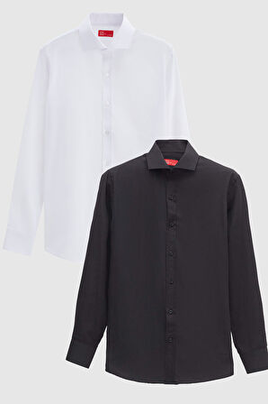 Ds Damat Slim Fit Siyah/Beyaz İtalyan Yaka Kolay Ütülenebilir 2'Li Gömlek
