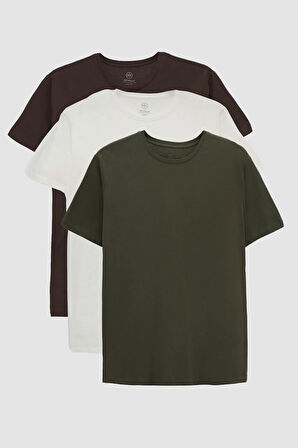 Ds Damat Slim Fit Kahve/Haki/Ekru 3'Lü T-Shirt