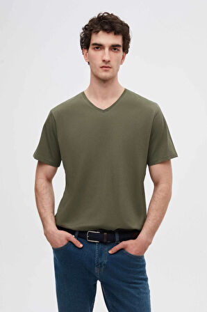 Ds Damat Slim Fit Haki/Bej/Beyaz 3'Lü Set V Yaka T-Shirt