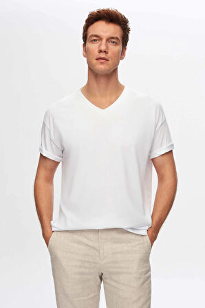 Ds Damat Slim Fit Haki/Bej/Beyaz 3'Lü Set V Yaka T-Shirt