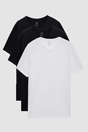 Ds Damat Slim Fit Siyah/Beyaz 3'Lü Set V Yaka T-Shirt