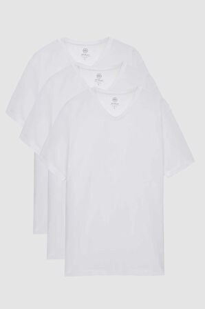 Ds Damat Slim Fit Beyaz 3'Lü Set V Yaka T-Shirt