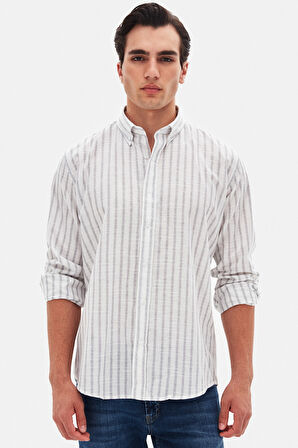Ds Damat Slim Fit Gri Çizgili %100 Pamuk Yazlık Keten Gömlek