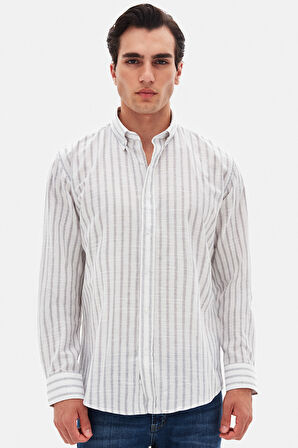 Ds Damat Slim Fit Gri Çizgili %100 Pamuk Yazlık Keten Gömlek
