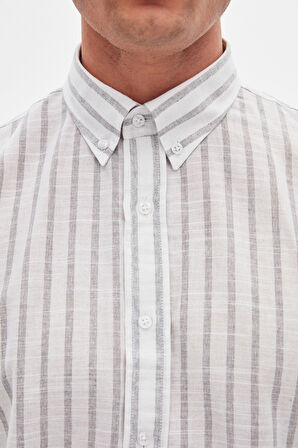 Ds Damat Slim Fit Gri Çizgili %100 Pamuk Yazlık Keten Gömlek