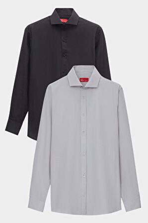 Ds Damat Slim Fit Gri Italyan Yaka Kolay Ütülenebilir 2'li Gömlek 2HF02ORTBN86