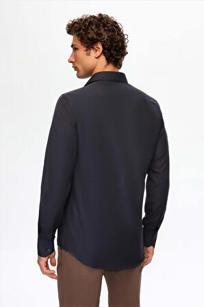 Ds Damat Slim Fit Lacivert/Kahverengi İtalyan Yaka Kolay Ütülenebilir 2'Li Gömlek