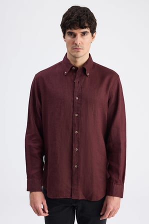 Ds Damat Comfort Bordo Flamlı Pamuk-Keten Yazlık Gömlek