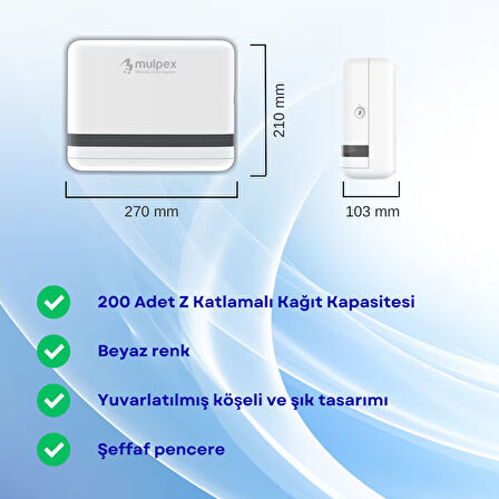 Mulpex Beyaz Duvara Monte Z Katlamalı Kağıt Havlu Dispenseri | Premium ABS Gövde, Anahtarlı Kilit, Vidalı & Yapışkan Montaj