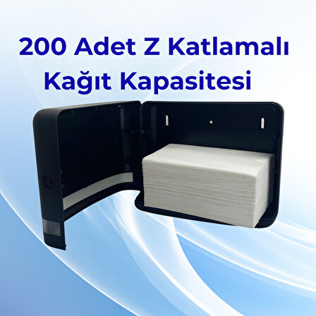 Mulpex Siyah Duvara Monte Z Katlamalı Kağıt Havlu Dispenseri | Premium ABS Gövde, Anahtarlı Kilit, Vidalı & Yapışkan Montaj