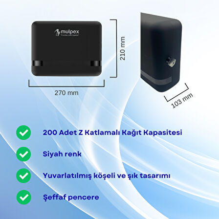 Mulpex Siyah Duvara Monte Z Katlamalı Kağıt Havlu Dispenseri | Premium ABS Gövde, Anahtarlı Kilit, Vidalı & Yapışkan Montaj