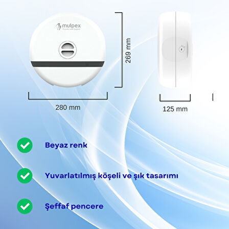 Mulpex Duvara Monte Mini Jumbo Tuvalet Kağıdı Dispenseri / Kağıtlık | Premium ABS Gövde, Anahtarlı Kilit, Vidalı & Yapışkan Montaj – Beyaz