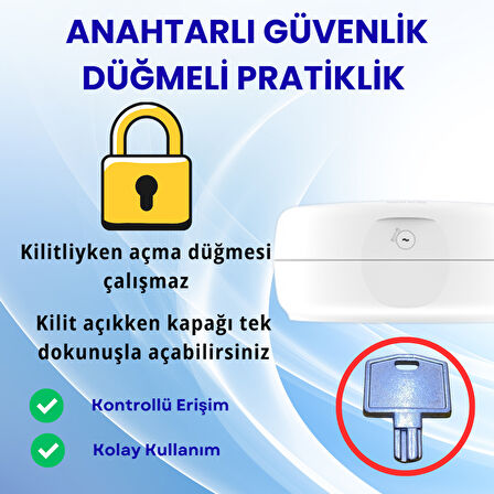 Mulpex Duvara Monte Mini Jumbo Tuvalet Kağıdı Dispenseri / Kağıtlık | Premium ABS Gövde, Anahtarlı Kilit, Vidalı & Yapışkan Montaj – Beyaz