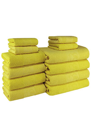 Textile Colors Arı Desenli  Arı Desenli %100 Pamuk Banyo Havlu Seti 12 Adet, 4 Banyo Havlusu, 4 El Havlusu, ve 4 Yüz Havlusu, -Comfort- Açık Sarı, Sarı,