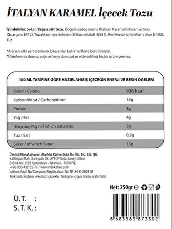 Nish İtalyan Karamel Aromalı Toz İçecek 250 Gr