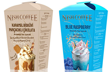 Nish Karamel Bisküvi Parçacıklı Çikolata, Blue Raspberry Aromalı Toz İçecek 2’li Set (2X250 Gr)