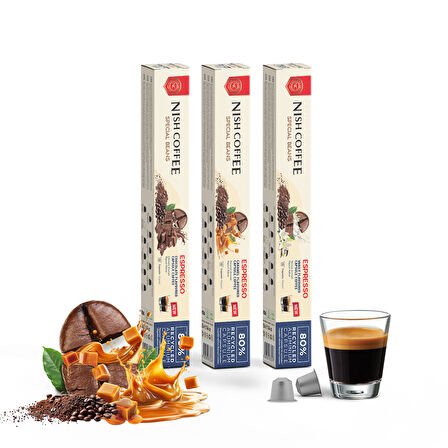 Nish Coffee Aromalı Kapsül Kahve 3'lü Set (Karamel-Vanilya-Çikolata) - 30 Adet