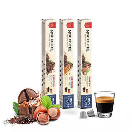 Nish Coffee Aromalı Kapsül Kahve 3'lü Set (Karamel-Çikolata-Fındık) - 30 Adet