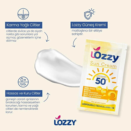 Lozzy SPF50+ Su Bazlı Matlaştırıcı Güneş Kremi - E Vitamini İçerikli, Yağsız Formül - UVA/UVB Korumalı - 139 ml