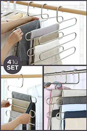 4'lü Set 5 Katlı Pantolon Eşarp Askısı Çok Katlı Askılık