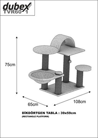 Dubex 65x108x75 cm Kedi Oyun Evi ve Tırmalama Platformu Gri