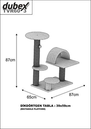 Dubex 65x87x87 cm Kedi Oyun Evi ve Tırmalama Platformu Gri