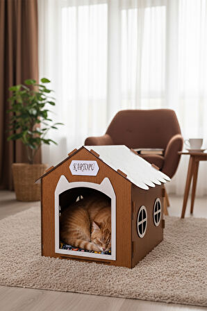 Ahşap Özel İsim Baskılı Dekoratif Kedi Evi-Kulübesi, Kediler İçin Kulübe, Kedi Kulübesi Ceviz