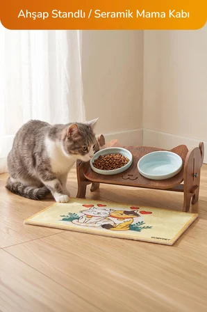 Ahşap Özel Isim Baskılı, Kedi Mama Seramik Su Kabı Standı Hediye Kedi Halısı