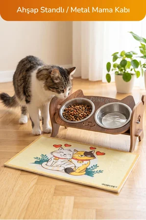 Ahşap Özel Isim Baskılı, Kedi Mama Seramik Su Kabı Standı Hediye Kedi Halısı