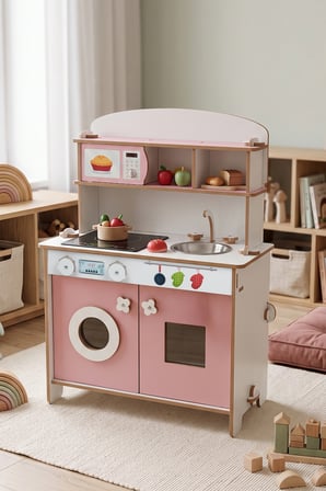 ROZİTOYS Ahşap Montessori Minimal Led Ocak Tasarımlı Çocuklar İçin Eğitici Mutfak 5977