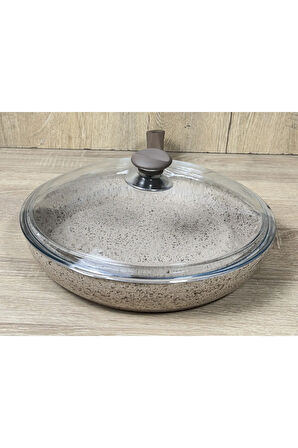 Morelli 20 cm Granit Tava Cam Kapaklı Kapuçino