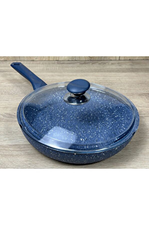 Morelli 20 cm Granit Tava Cam Kapaklı Mavi Mermer