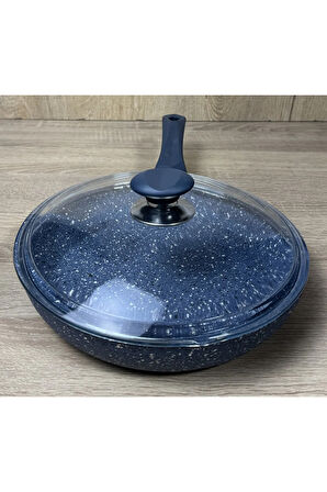 Morelli 20 cm Granit Tava Cam Kapaklı Mavi Mermer