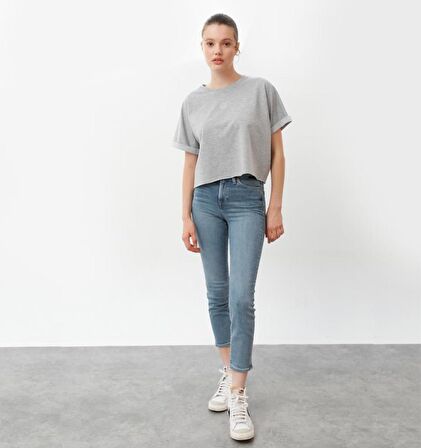 Nors Oversize Crop Kadın T-shirt Açık Gri Melanj